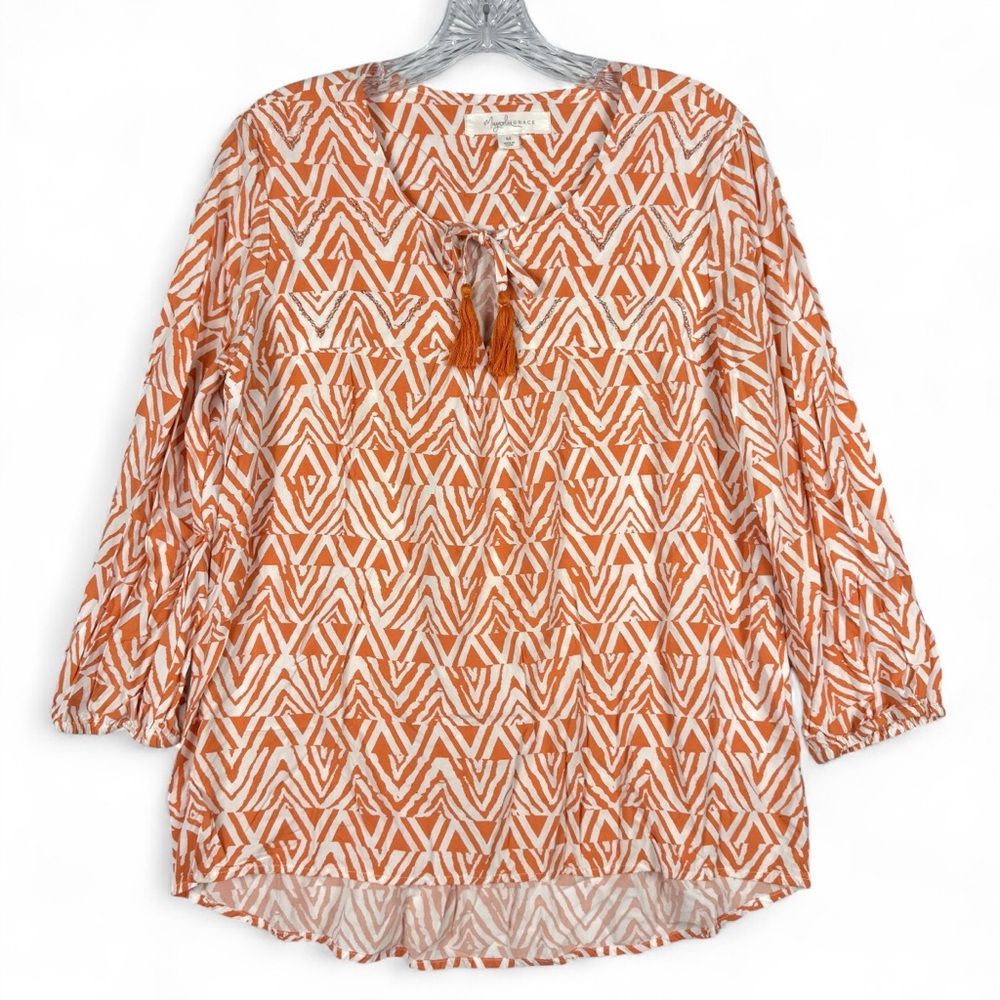 Magnolia Grace Womens Top Size M Medium Geometric Beaded Orange And White Blouse